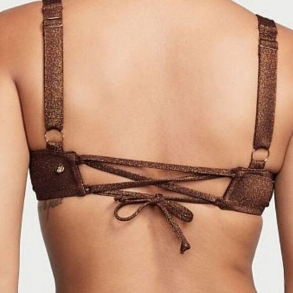 Victoria's Secret bikini top lace up tie in back Lurex Truffle Shimme - Picture 4 of 5
